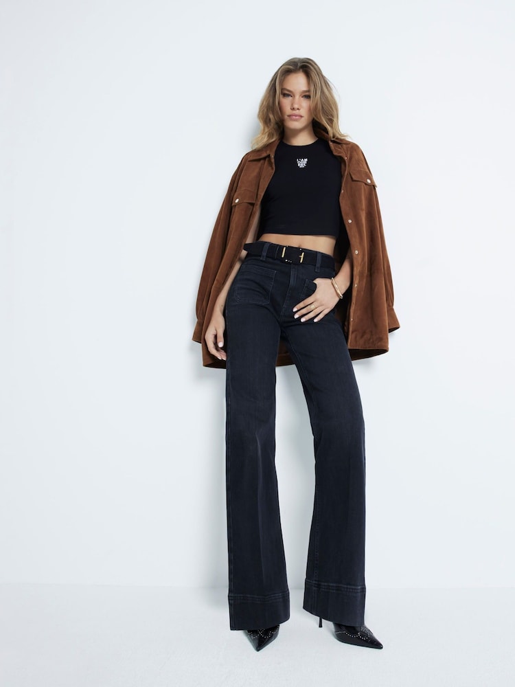 River Island Black High Rise Wide Leg 100% Cotton Jeans - Image 1 of 6