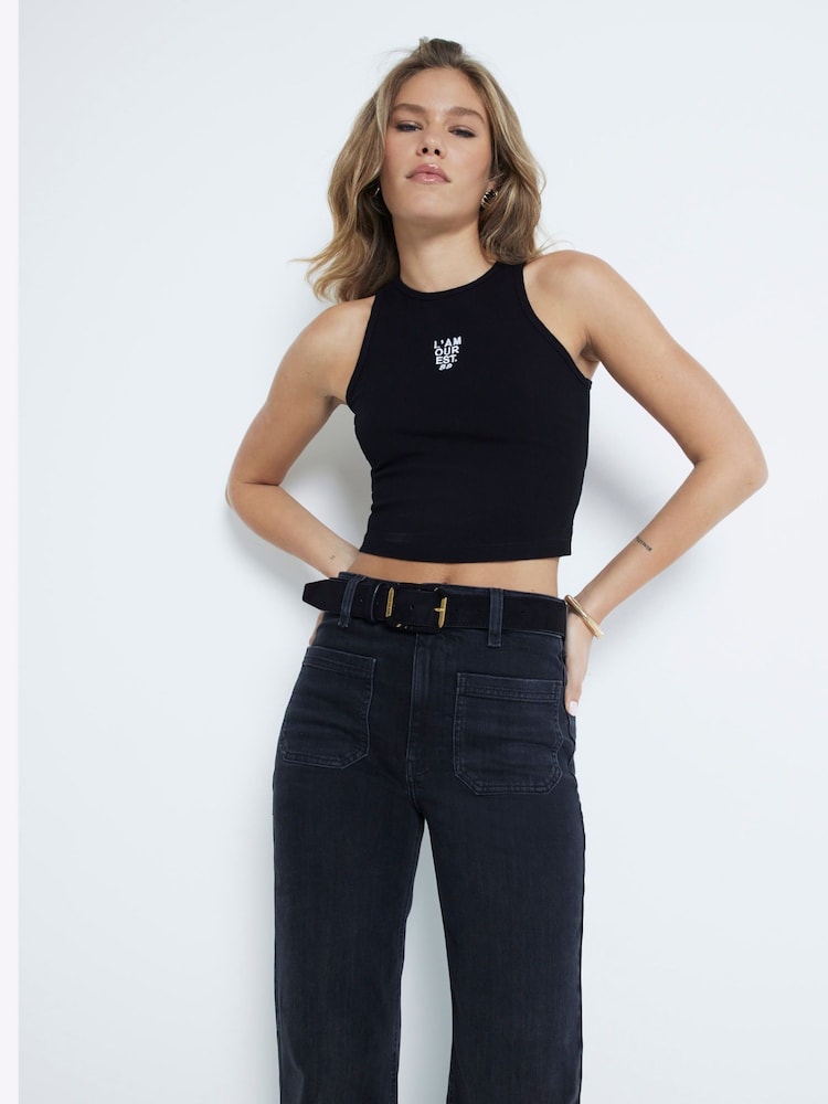 River Island Black High Rise Wide Leg 100% Cotton Jeans - Image 2 of 6