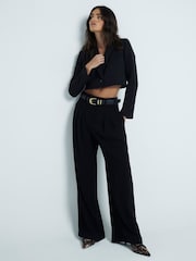 River Island Black Pleated Wide Leg Trousers - Image 1 of 6