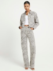 River Island Animal Cropped Denim Leopard Print 100% Cotton Jacket - Image 1 of 4