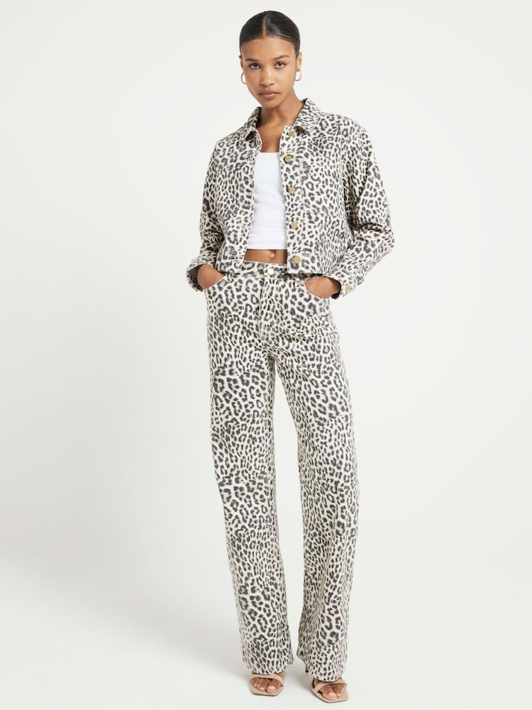 River Island Animal Cropped Denim Leopard Print 100% Cotton Jacket - Image 1 of 4