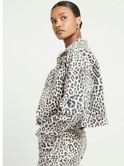 River Island Animal Cropped Denim Leopard Print 100% Cotton Jacket - Image 3 of 4