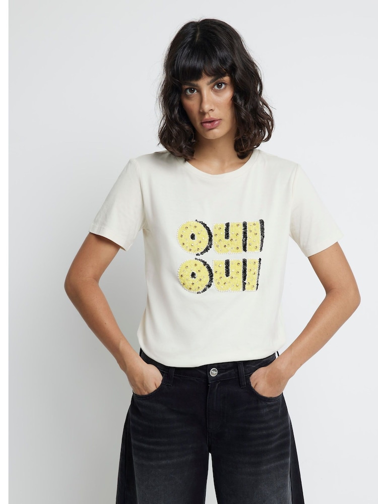 River Island White Embellished Graphic 100% Cotton T-Shirt - Image 1 of 4