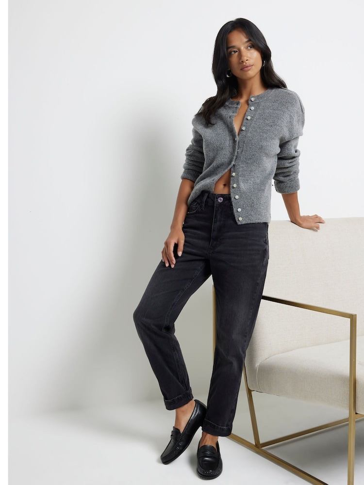 River Island Black Mom Petite High Rise Bum Sculpt 100% Cotton Jeans - Image 2 of 6