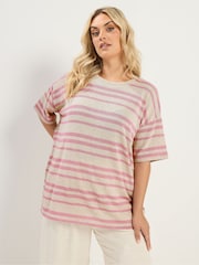 Yours Curve Pink Striped Knitted Boxy T-Shirt - Image 1 of 5