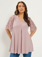 Yours Curve Pink Pleated Front Mesh Sleeve Top - Image 1 of 5