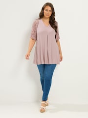 Yours Curve Pink Pleated Front Mesh Sleeve Top - Image 3 of 5
