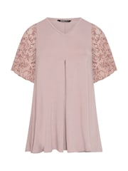 Yours Curve Pink Pleated Front Mesh Sleeve Top - Image 5 of 5