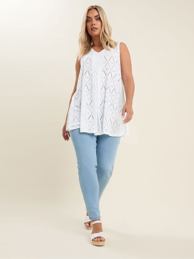 Yours Curve White Broderie Anglaise Pleated Vest Top - Image 2 of 4 Yours Curve White Broderie Anglaise Pleated Vest Top - Image 2 of 4