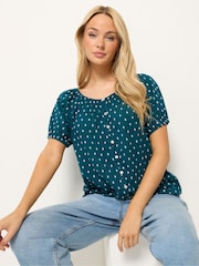 M&Co Blue Short Sleeve Dobby Button Through Blouse - Image 1 of 6