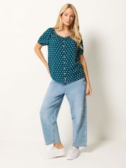 M&Co Blue Short Sleeve Dobby Button Through Blouse - Image 2 of 6