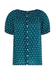 M&Co Blue Short Sleeve Dobby Button Through Blouse - Image 5 of 6