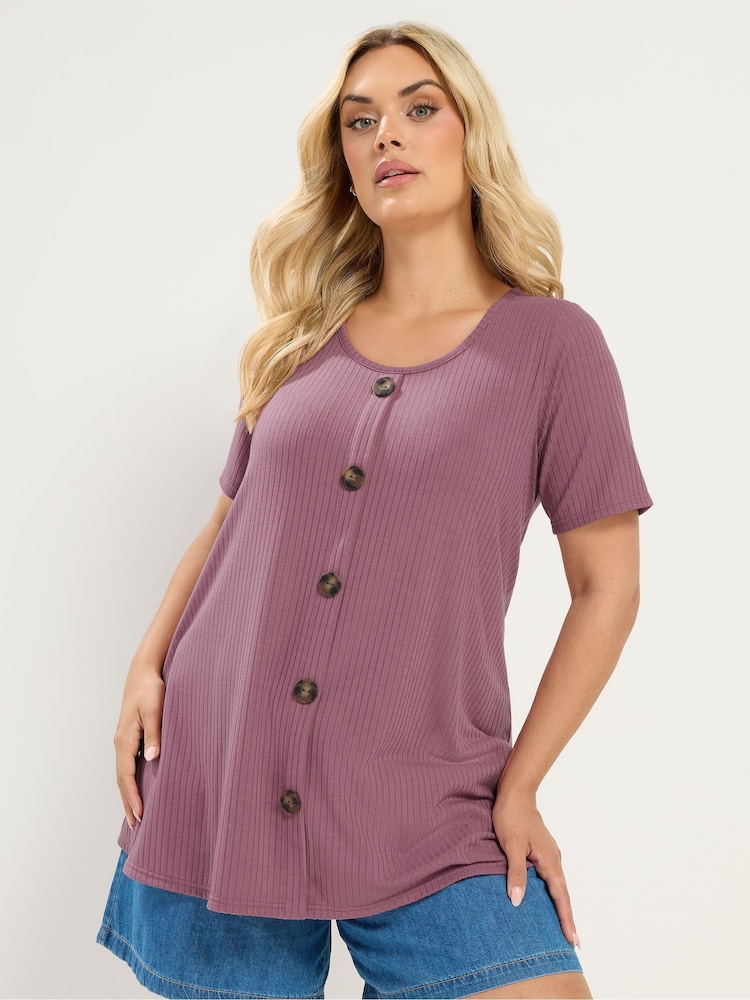 Yours Curve Purple Button Front Ribbed Swing Top - Image 1 of 5 Yours Curve Purple Button Front Ribbed Swing Top - Image 1 of 5