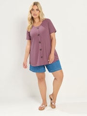 Yours Curve Purple Button Front Ribbed Swing Top - Image 2 of 5