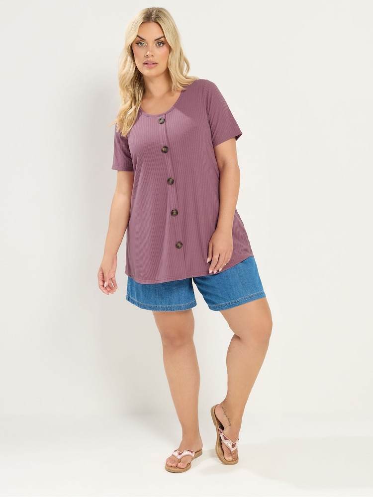 Yours Curve Purple Button Front Ribbed Swing Top - Image 2 of 5 Yours Curve Purple Button Front Ribbed Swing Top - Image 2 of 5