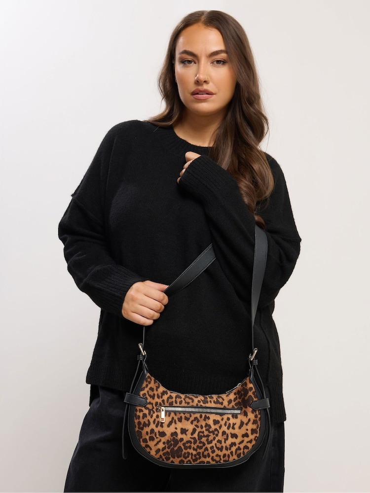 Yours Curve Brown Faux Suede Leopard Buckle Shoulder Bag - Image 1 of 5 Yours Curve Brown Faux Suede Leopard Buckle Shoulder Bag - Image 1 of 5