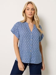 M&Co Blue Collarless Short Sleeve Button Through Blouse - Image 1 of 6