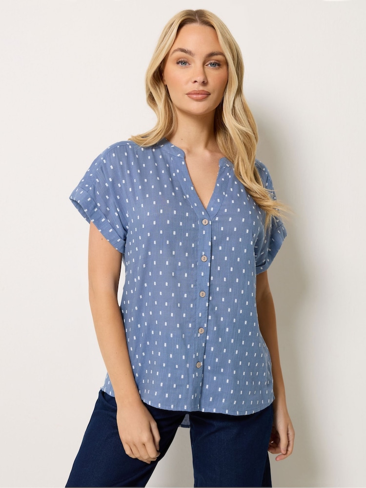 M&Co Blue Collarless Short Sleeve Button Through Blouse - Image 1 of 6 M&Co Blue Collarless Short Sleeve Button Through Blouse - Image 1 of 6