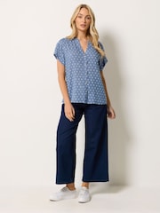 M&Co Blue Collarless Short Sleeve Button Through Blouse - Image 2 of 6