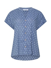 M&Co Blue Collarless Short Sleeve Button Through Blouse - Image 5 of 6