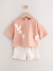 Pink Crochet Flowers 100% Cotton T-Shirt and Shorts Set (3mths-7yrs) - Image 5 of 7