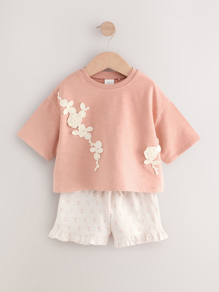Pink Crochet Flowers 100% Cotton T-Shirt and Shorts Set (3mths-7yrs) - Image 5 of 7