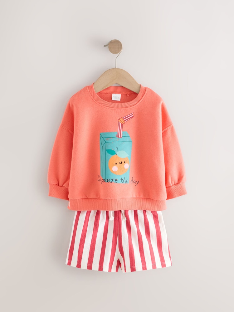 Orange Fruit Character Long Sleeve 100% Cotton Sweatshirt And Shorts Set (3mths-7yrs) - Image 4 of 8