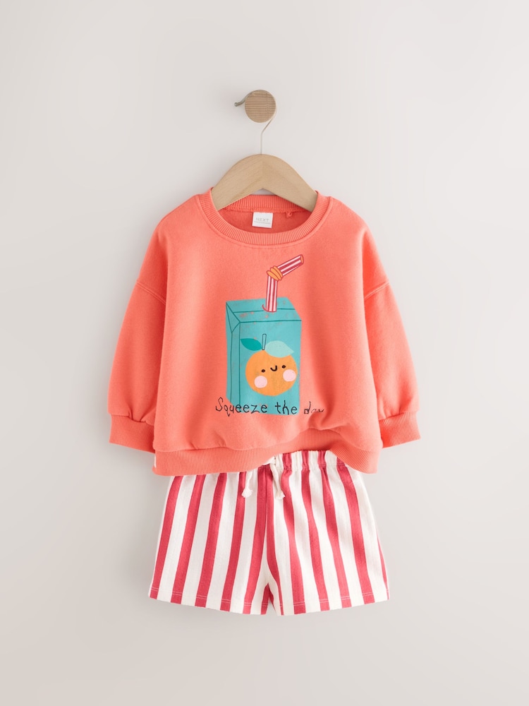 Orange Fruit Character Long Sleeve 100% Cotton Sweatshirt And Shorts Set (3mths-7yrs) - Image 5 of 8