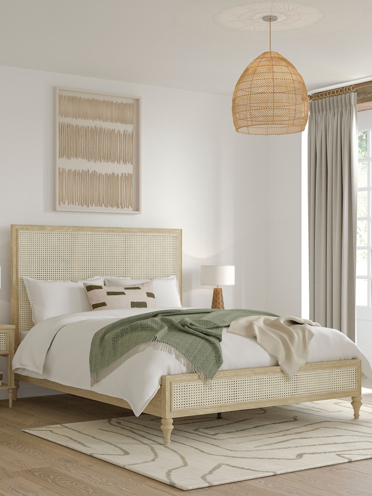 Feather & Black Light Wood Light Vintage Rattan Bed - Image 1 of 3