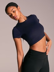 Navy Yoga Sports Short Sleeve Top with Open Back - Image 2 of 7