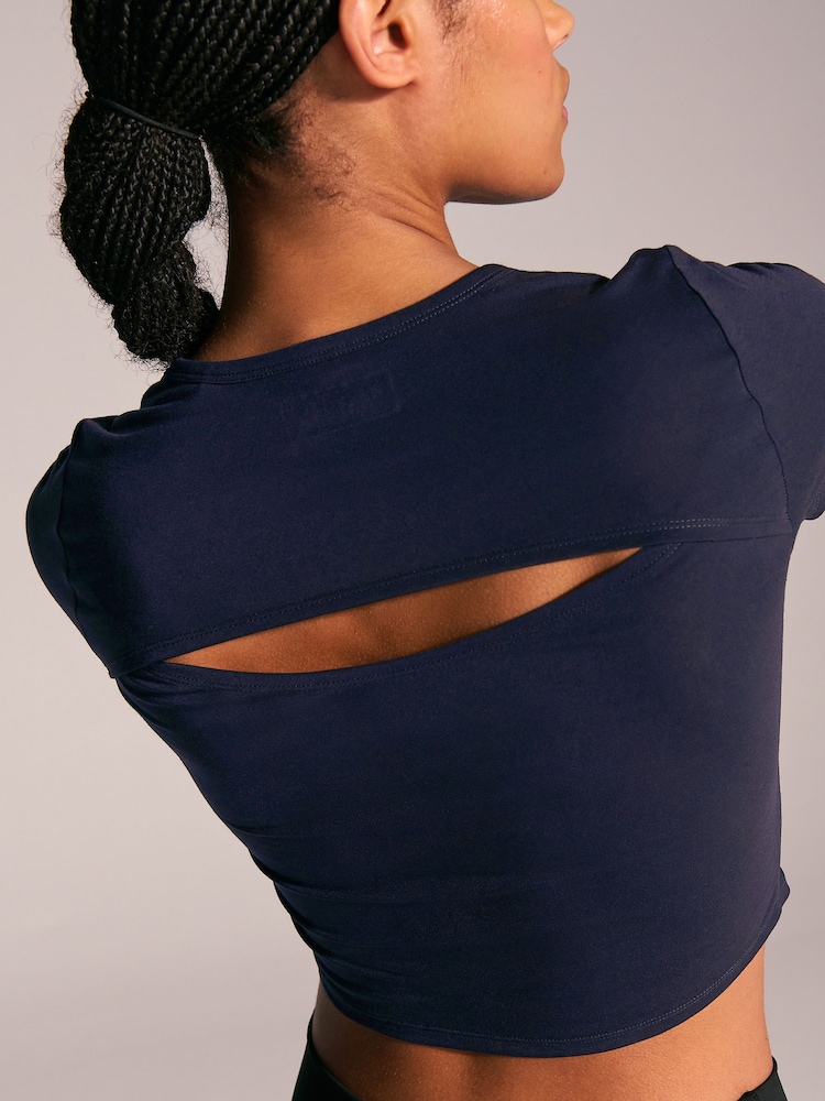 Navy Yoga Sports Short Sleeve Top with Open Back - Image 3 of 7