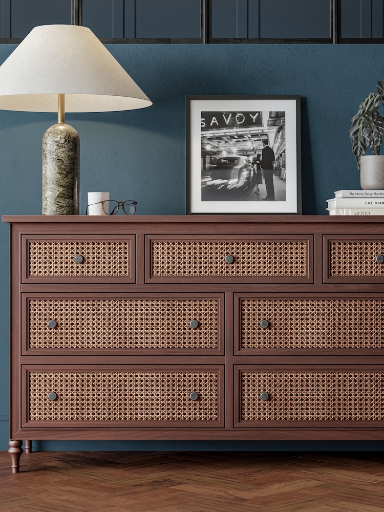 Feather & Black Dark Wood Vintage Rattan 7 Drawer Chest - Image 1 of 3