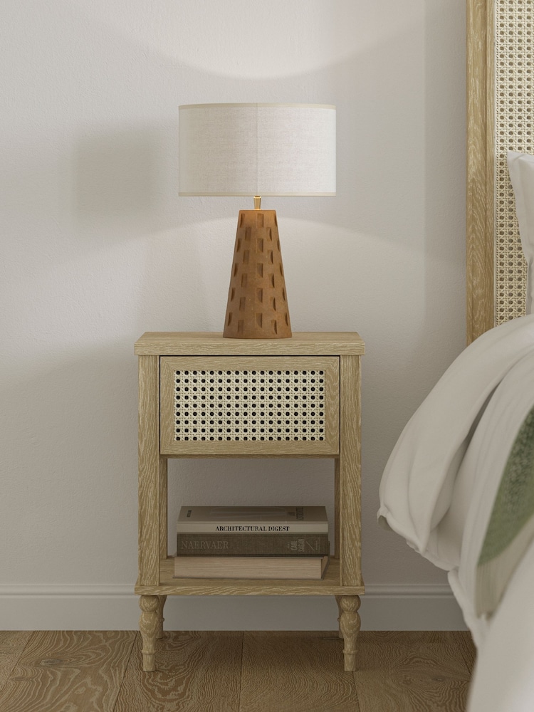 Feather & Black Light Wood Light Vintage Rattan Bedside Table - Image 1 of 3