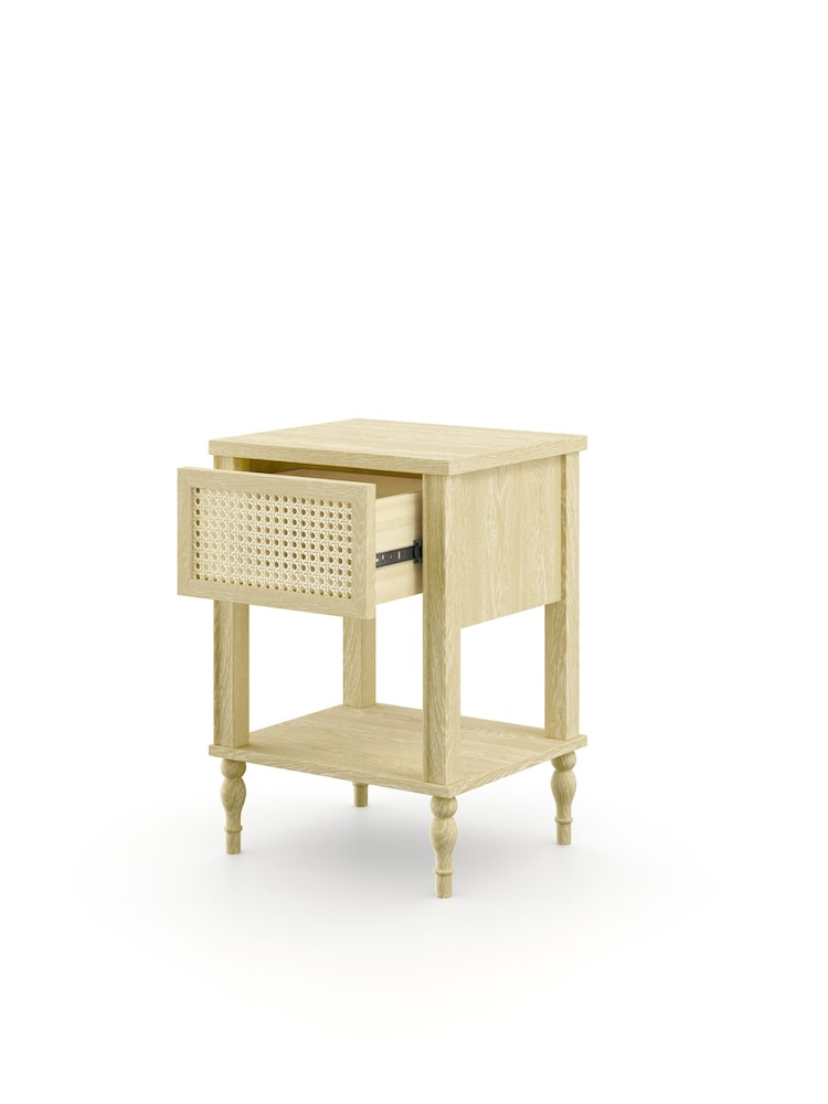 Feather & Black Light Wood Light Vintage Rattan Bedside Table - Image 3 of 3