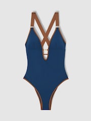 Reiss Blue/Tan Frankie Contrast-Trim Cross-Back Swimsuit - Image 2 of 5