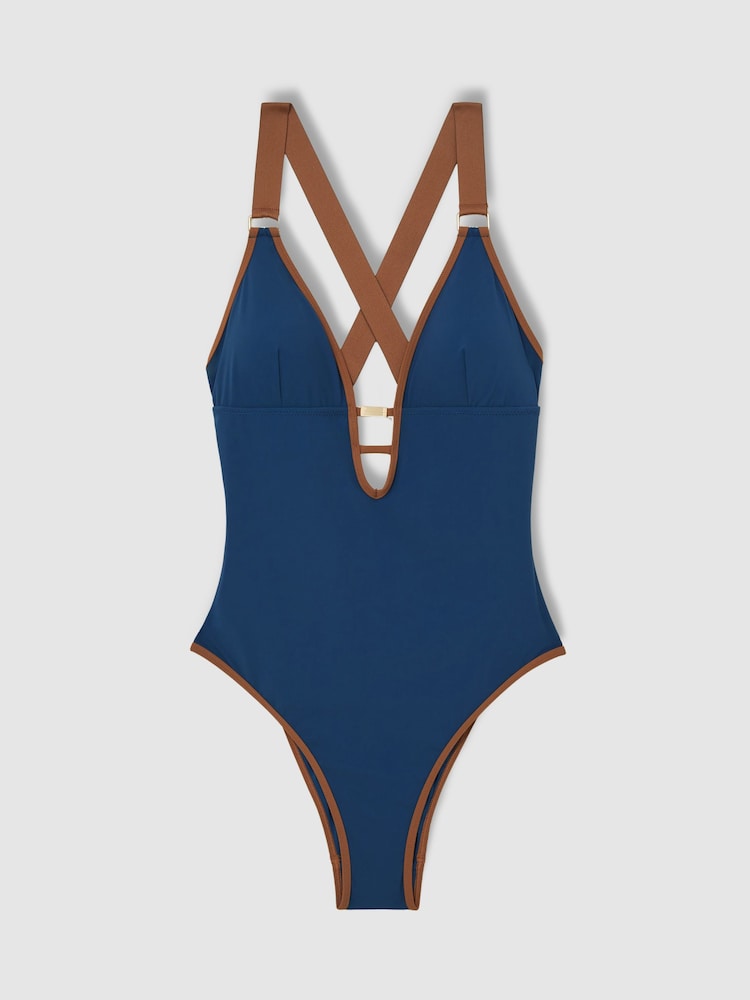 Reiss Blue/Tan Frankie Contrast-Trim Cross-Back Swimsuit - Image 2 of 5