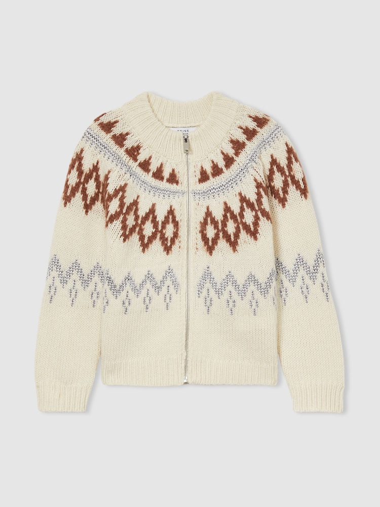 Reiss Cream Ella 9-13 yrs Zipped Fairisle Pattern Cardigan with Wool and Cashmere - Image 2 of 4