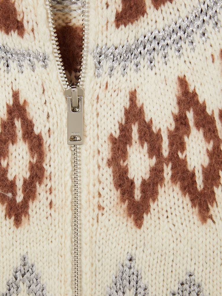 Reiss Cream Ella 9-13 yrs Zipped Fairisle Pattern Cardigan with Wool and Cashmere - Image 4 of 4