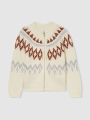 Reiss Cream Ella 13-14 yrs Zipped Fairisle Pattern Cardigan with Wool and Cashmere - Image 1 of 4