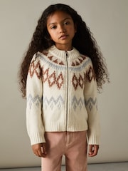 Reiss Cream Ella 13-14 yrs Zipped Fairisle Pattern Cardigan with Wool and Cashmere - Image 2 of 4