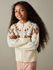 Reiss Cream Ella 13-14 yrs Zipped Fairisle Pattern Cardigan with Wool and Cashmere - Image 3 of 4