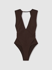 Reiss Mocha Naomi Plunge Ruched Open-Back Swimsuit - Image 2 of 5