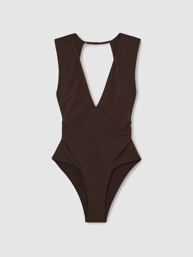 Reiss Mocha Naomi Plunge Ruched Open-Back Swimsuit - Image 2 of 5