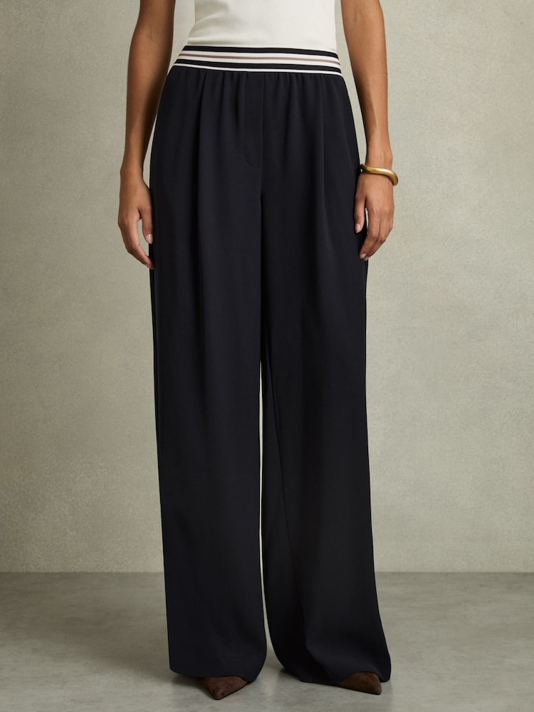 Reiss Navy Abs Petite Stripe-Waistband Wide-Leg Trousers - Image 1 of 7