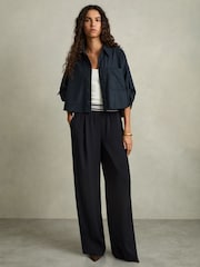 Reiss Navy Abs Stripe-Waistband Wide-Leg Trousers - Image 1 of 5
