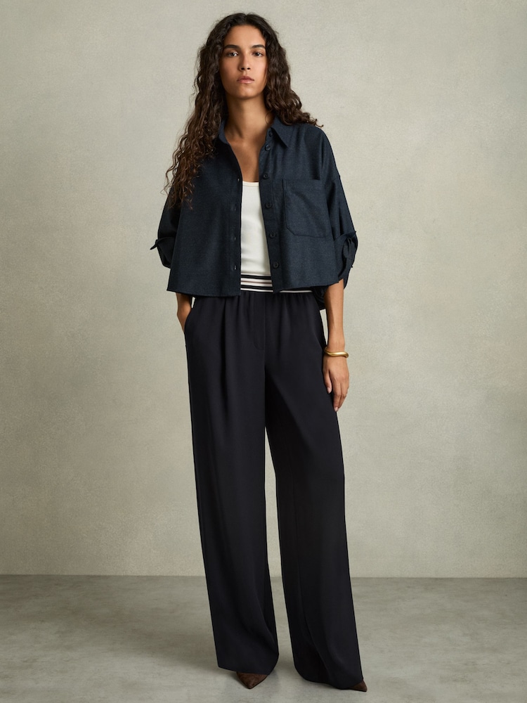 Reiss Navy Abs Stripe-Waistband Wide-Leg Trousers - Image 1 of 5
