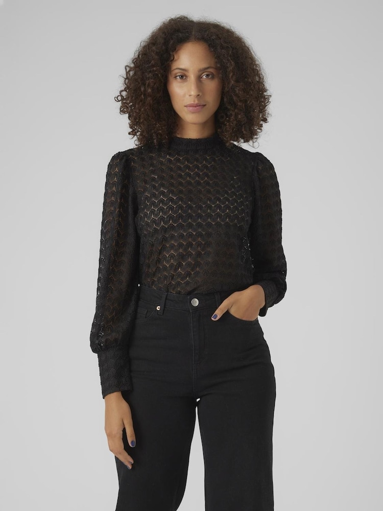 VERO MODA Black High Neck Lace Sheer Blouse - Image 1 of 4