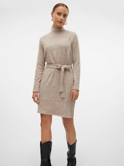 VERO MODA Natural Long Sleeve Belted Mini Knitted Jumper Dress - Image 1 of 6