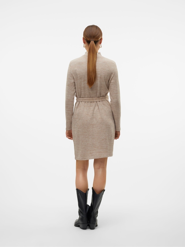 VERO MODA Natural Long Sleeve Belted Mini Knitted Jumper Dress - Image 2 of 6