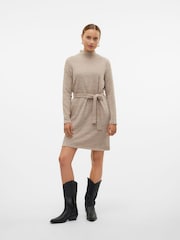 VERO MODA Natural Long Sleeve Belted Mini Knitted Jumper Dress - Image 4 of 6